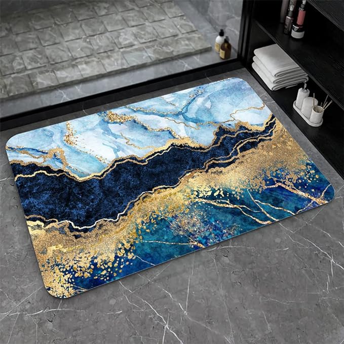 Diatomaceous Earth Bath Mat,Blue White Black and Gold Marble Non-Slip Volume Super Absorbent Fast Drying for Bathroom Kitchen Door mat,Eco-Friendly Easy to Clean 17×27.5Inch (43 * 70cm)