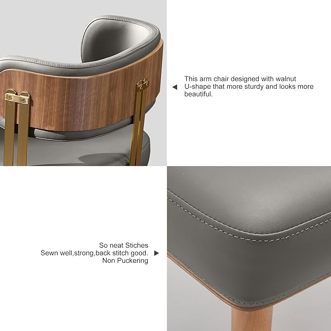 Modern Upholstered Leather Dining Chairs Set of 2 with High-Resilience Foam Cushion, Walnut Wood Veneer&Gold Metal Legs, 22Lx20.5Wx28.3Hin, Anti-Slip Kitchen Chairs for Dining Room,Grey