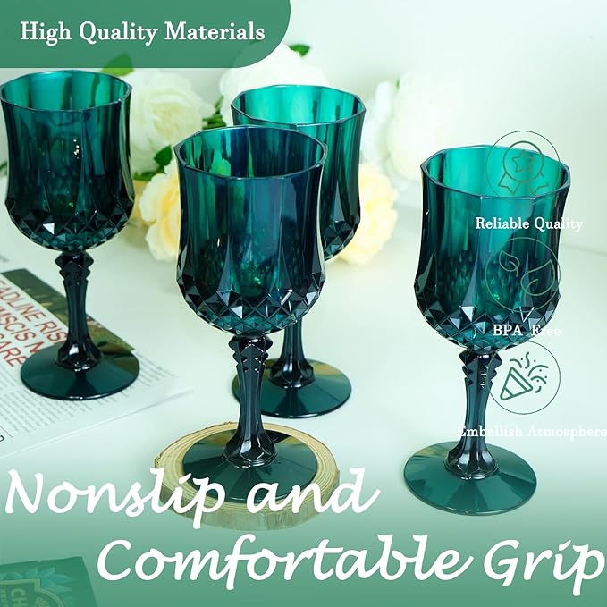 Plastic Wine Glasses, Plastic Goblets Vintage Style Cordial Drinking Glasses for Valentine’s Day, Wedding Reception, Grand Event Party Supplies (24, Green)