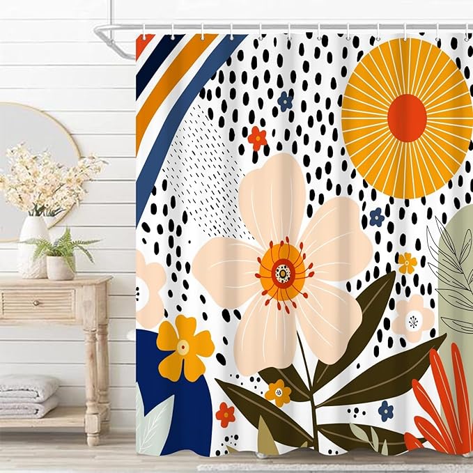 Boho Bathroom Shower Curtain - Pink Floral Sun Abstract White Spots - Washable Polyester Fabric - Durable with Hooks, 60x72 Inch