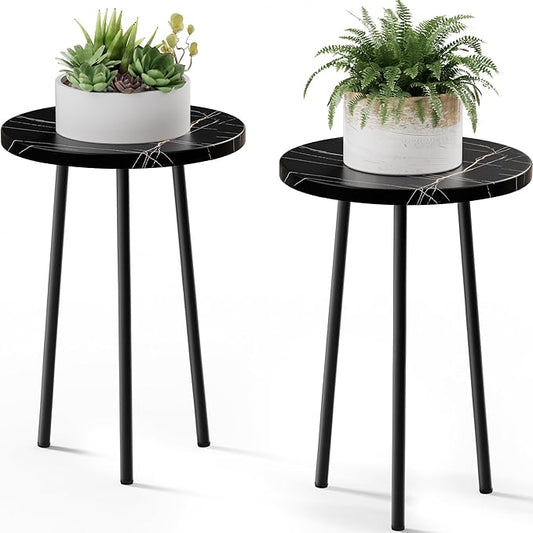 Plant Stand Indoor 2 Pack: Corner Wood 20 Inch Plant Stand Mid Century Modern Decor - Small Round Plant Table for Indoor Plants - Plant Holder for Patio Living Room Bathroom Office (Black Marble)