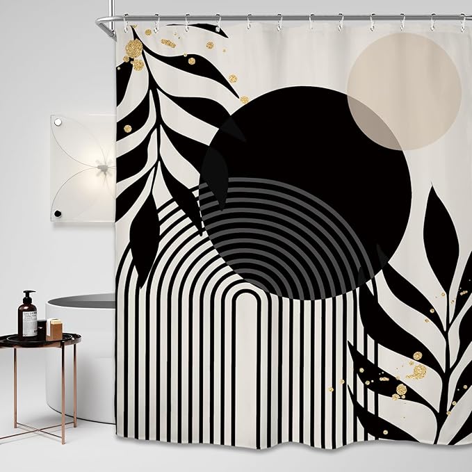 Miyotaa Abstract Black Geometric Shower Curtain Set 60Wx71H Inches Minimalist Aesthetic Modern Simple Contemporary Plant Leaves Neutral Waterproof Bathroom Curtain with 12 Hooks