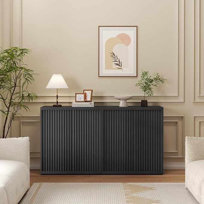 31” Sideboard Cabinet with Storage, Fluted Accent Cabinet with Adjustable Shelves, Modern Wood Credenza Cabinets with Pop-up Doors for Entryway Kitchen Living Room Hallway, Black 4pcs
