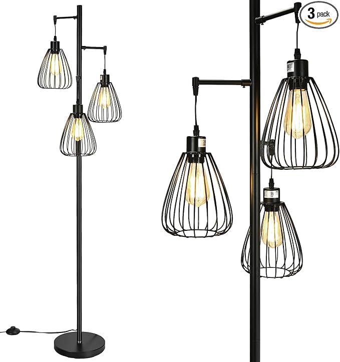 Tangkula Industrial Floor Lamp, 3-Light Tall Tree Lamp with 3 Hanging Lampshades, Freestanding Teardrop Cage Floor Light with Lamp Holder, Bulb, Foot Switch for Hallway, Living Room, Bedroom