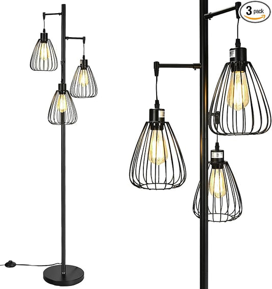Tangkula Industrial Floor Lamp, 3-Light Tall Tree Lamp with 3 Hanging Lampshades, Freestanding Teardrop Cage Floor Light with Lamp Holder, Bulb, Foot Switch for Hallway, Living Room, Bedroom