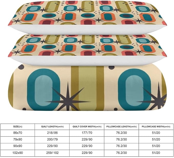 Colorful Aesthetic Comforter Cover Geometry Bed Set, Retro Atomic Duvet Cover，Modern Mid Century Bedding Sets，Aesthetic Abstract Art Bedding 3 Piece (1 Duvet Cover 79"x90" + 2 Pillow Sham 20"x30")