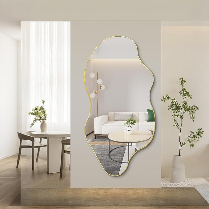 Large Irregular Mirror, 59"x30" Gold Asymmetrical Frameless Mirror Full Length, Organic Shape Wall Mirrors for Entryway Living Room Bedroom Hallway, Hangs Vertically or Horizontally