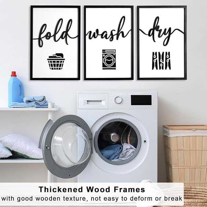 3D Wood Laundry Room Wall Decor, 48" x 24" Framed Laundry Room Wall Art, 3D Signs for Room Decor (Ready to Hang, Set of 3, Framed)