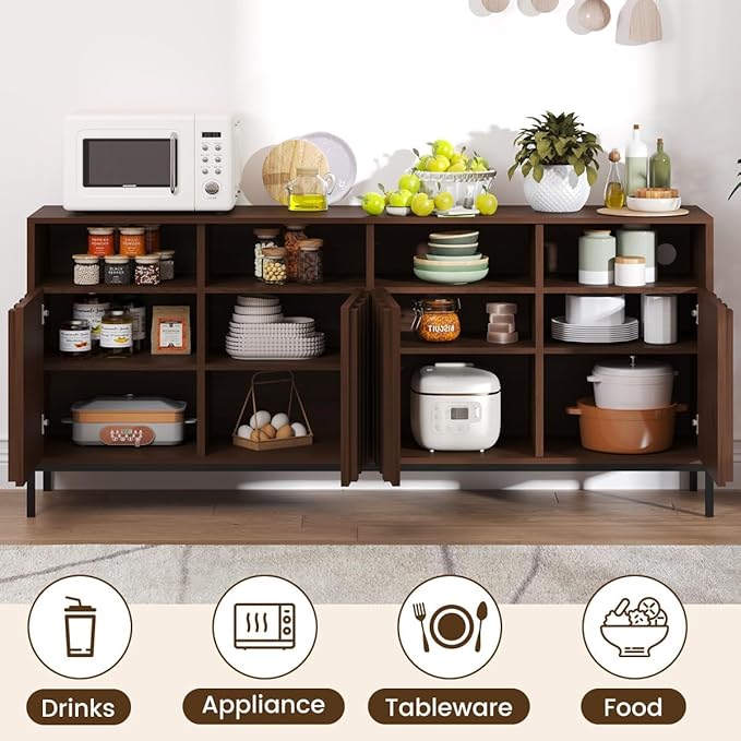 COCO DESIGN 70" Buffet Sideboard Cabinet with Fluted Panel Doors, Large Credenza Console with Power Outlet & Adjustable Shelves, Modern Storage Cabinet for Kitchen & Living Room, Walnut