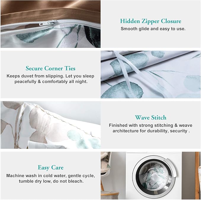 MILDLY 100% Long-Staple Cotton Duvet Cover Set Teal Blue Green Leaf Pattern Printed Comforter Cover 2pcs, Ultra Soft & Breathable Bedding Set
