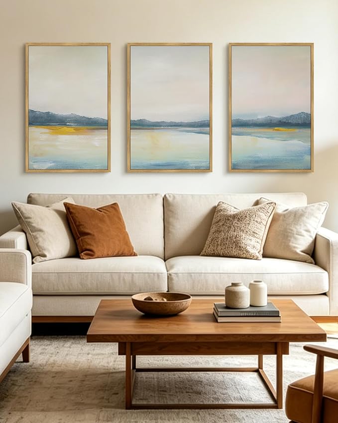 KUVIOKE Abstract Landscape Framed Wall Art Minimalist Neutral Illustrations Modern Art Decorative Nordic Home Decor 24x36in (Natural Framed)