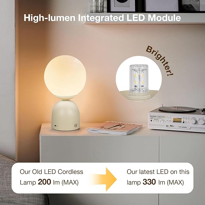 Cordless Globe Glass Table lamp Beige, 5200-mAh Rechargeable Orb Lamp, 3-Level Brightness Dimmable, Integrated LED 320 Lumen Max, for Bedside Nightstand Light