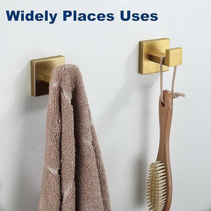 Towel Hooks for Bathrooms, Brushed Gold Towel Hook for Kitchen Bathroom, SUS304 Stainless Steel Coat Hook, Heavy Duty Towels Holder Hooks for Hanging，2 Packs