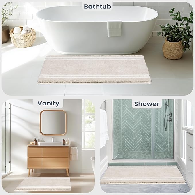 PURRUGS Bathroom Rug Non-Slip Machine Washable 30" x 46", Super Absorbent and Quick Dry Shaggy Microfiber Bath Mat, Extra Soft and Plush Bath Rug for Bathtub, Shower, and Sink, Beige