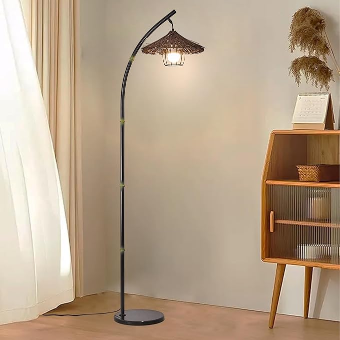 beaysyty Bamboo Floor lamp Mid Century Rattan Retro Floor lamp Bohemian,Arc Floor Lamps for Living Room Tall Reading Lamps Antique Rattan Style for Bedroom Dining Room Farmhouse Study (Purple)