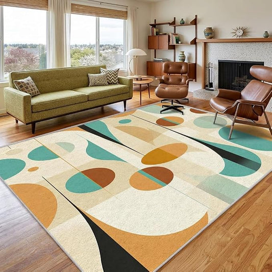 Retro Mid Century Rug 8x12, Washable Modern Geometric Rugs for Living Room Bedroom, Abstract Mid-Century Area Rug for Home Decor, Non Slip Backing Floor Carpet - 8 x 12 ft