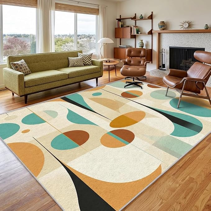 Retro Mid Century Rug 4x6, Washable Modern Geometric Rugs for Living Room Bedroom, Abstract Mid-Century Area Rug for Home Decor, Non Slip Backing Floor Carpet - 4 x 6 ft