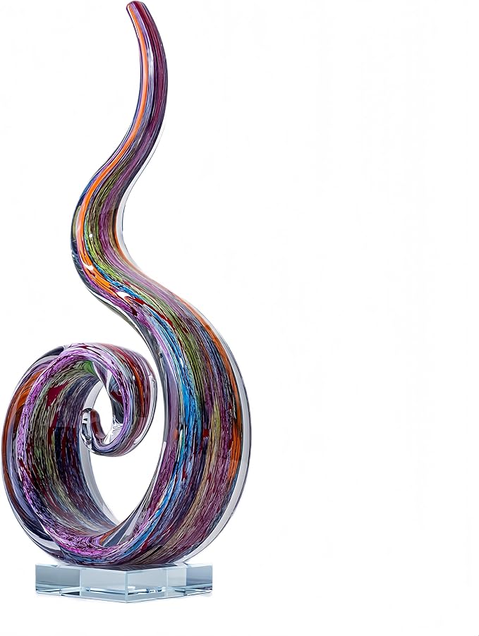 Hand Blown Murano Style Glass Sculpture, 14" Single Spiral Flame Abstract Art Figurine Collectible, Modern Home Decor for Living Room Office Aquarium, Unique Gift for Art Lovers