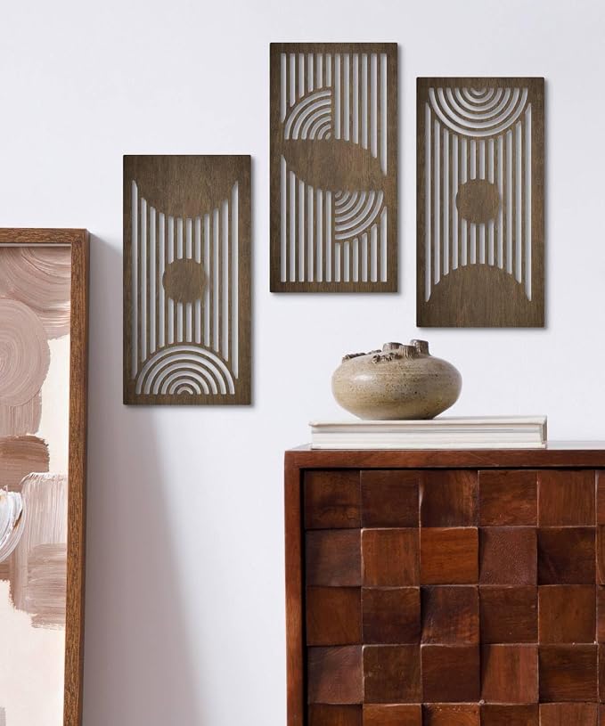 Putuo Decor Geometric Wood Wall Art Set of 3 Modern Mid-Century Modern Aesthetic Wall Decor Modern Wooden Wall Sculptures for Living Room Office Hallway Brown Line Art Decor