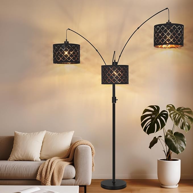 AHDWDW Dimmable Floor Lamp-3 Lights Arc Floor Lamps for Living Room,Modern Tall Standing Lamp with Black Drum Shades,Gothic Mid Century Tree Floor Lamp for Bedroom Corner,3x1000LM LED Bulbs Included