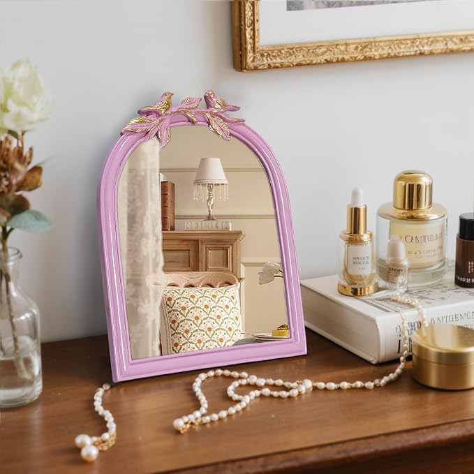 Pink Bird Bow Mirror - 13x10 Inch Elegant Decorative Accent, Wall-Mounted & Tabletop Makeup Mirror for Bedroom Decor