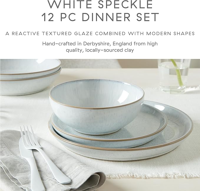 Denby - White Speckle Dinner Set For 4-12 Piece Ceramic Stoneware Tableware Set - Dishwasher Microwave Oven Safe - Scratch Chip Resistant