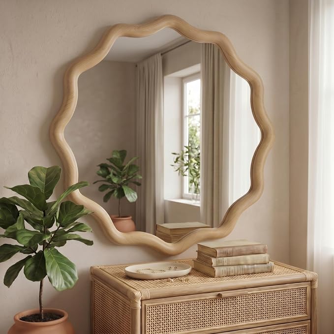Vercraft 36 Inch Scalloped Wooden Bathroom Round Circle Mirror for Wall, Boho Wavy with Tempered Glass, Natural Frame Hanging for Bedroom, Living Room, Entryway, Farmhouse(Natural Wood Color)