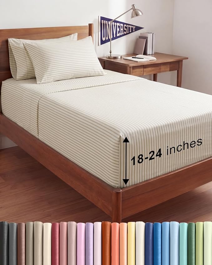 Extra Deep Twin XL Sheet Set - 4 Piece College Dorm Bed Sheets Set with Extra Deep Pockets - Ultra-Soft, Comfy & Breathable Bedding for Women, Men, Kids & Teens - Wrinkle & Fade Free - Beige Stripes 2