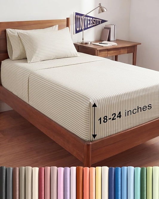 Extra Deep Twin XL Sheet Set - 4 Piece College Dorm Bed Sheets Set with Extra Deep Pockets - Ultra-Soft, Comfy & Breathable Bedding for Women, Men, Kids & Teens - Wrinkle & Fade Free - Beige Stripes 2