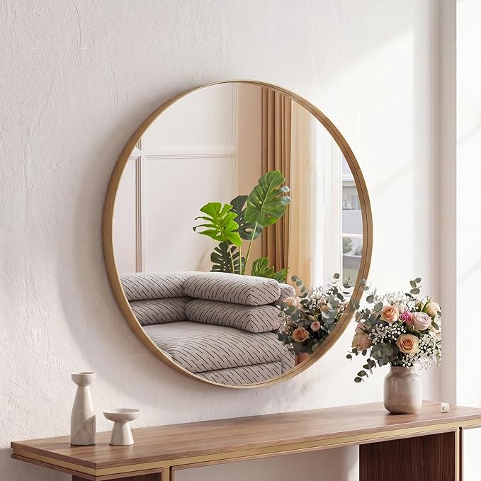 NEWBULIG 24-Inch Round Wall Mirror, Bathroom Wall Circle Mirror with Metal Frame, Bathroom Decor for Entryway, Living Room, Vanity, Gold