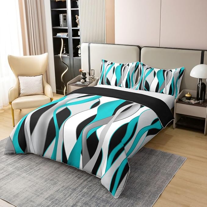 Erosebridal Teal and Black Bedding Set Full Turquoise Striped Geometric 100% Cotton Duvet Cover Contemporary Wave Lines Comforter Cover for Kids Teens Adults Modern Geometric Stripes Bed Set 3 Pcs