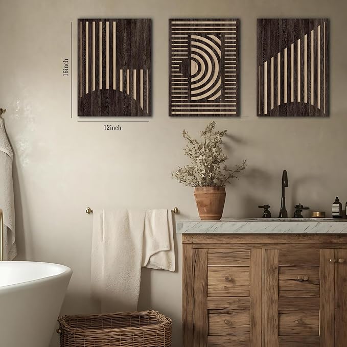 Abstract Geometric Wall Art Vintage Rectangle Wood Grain Effect Prints Pictures Wall Decor 3 Pcs, Rustic Mid Century Brown Minimalist Geometric Paintings Artwork for Home Bedroom Living Room 12x16"