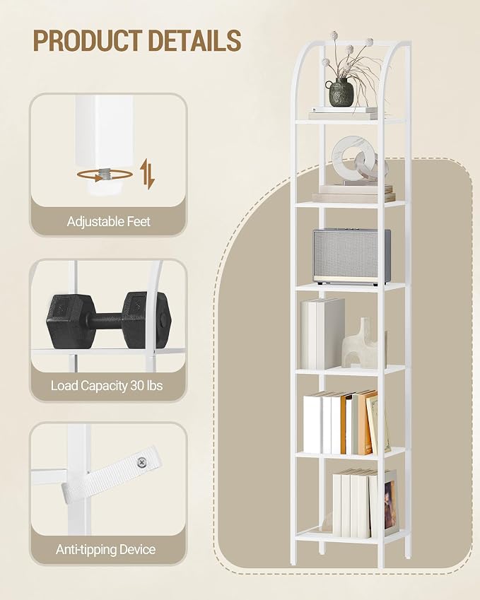 Hzuaneri Bookshelf Narrow Bookcase, Tall Storage Rack with Steel Frame, Display Standing Shelf Unit, Skinny Book Shelf for Study Living Room Home Office, Industrial Style, 6-Tier White BC56013W