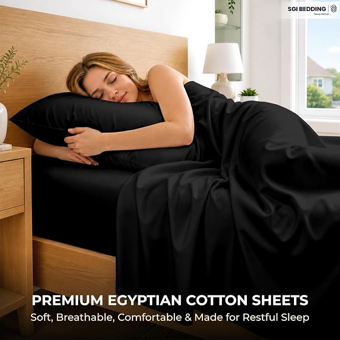 SGI bedding 100% Egyptian Cotton Sheets Twin Size – 600 Thread Count Sheets Set, Soft, Cooling, 15" Deep Pocket, Luxury Hotel Bedding, Breathable, Durable - Black