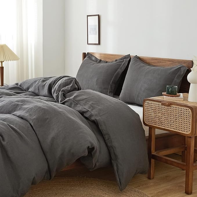 Simple&Opulence 100% Linen Duvet Cover Set, 3 PCS Natural French Flax Dark Grey Duvet Cover Full Size, Breathable Soft Comfy Linen Bedding Comforter Cover with 2 Pillowcases(Dark Grey, 78"x86")