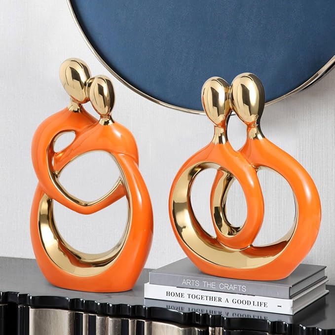 APLUSH Modern Couple Statue Home Decor, Abstract Art Ceramic Sculpture Creative Crafts Living Room Decor for Bedroom Office Coffee Table Shelf Decor,Orange,2pcs
