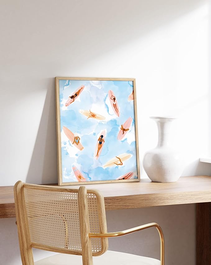 HAUS AND HUES Surfing Beach Wall Art - Watercolor Surfboard Picture, Coastal Tropical Decor (Beige Frame, 16x20)