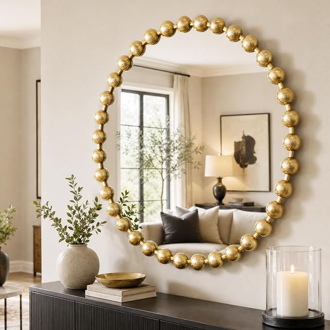 Madison Park 27 inch Gold Round Mirror, Round Mirrors for Wall Decor, Metal Frame Circle Mirrors for Bathroom, Living Room, Circle Wall Metal Art Mirror