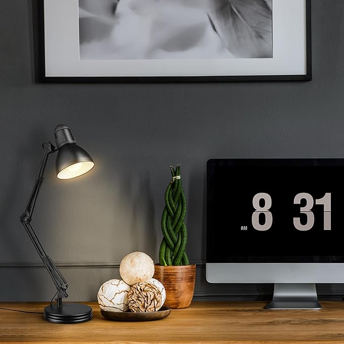 Globe Electric 5698601 28" Heavy Base Top Moving Spring Balanced Swing Arm Desk Lamp, Black, On/Off Rotary Switch on Shade, Office Decor, Reading Light, Home Essentials, Room Lighting