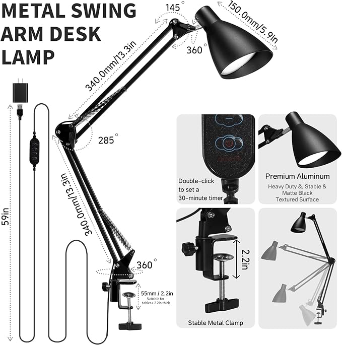 Metal LED Desk Lamp for Home Office, 32" Swing Arm Architect Desk Lamp with Clamp, 5 Color Modes 10 Brightness Task Lamps, Adjustable Gooseneck Clip-on Table Light for Reading Home Work Study, Black