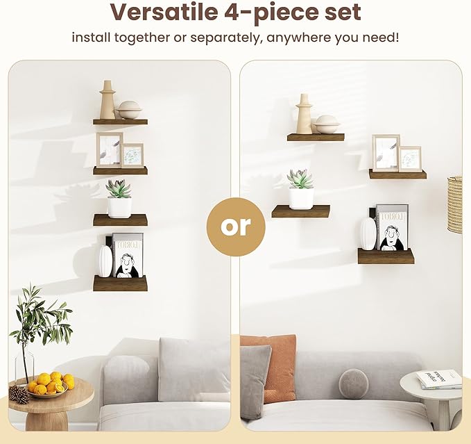 Fun Memories Square Floating Shelves for Wall - 12 Inch Deep Floating Shelves with Invisible Brackets, Brown Small Wall Shelf for Living Room, Bathroom, Bedroom, and Kitchen Decor，Set of 4