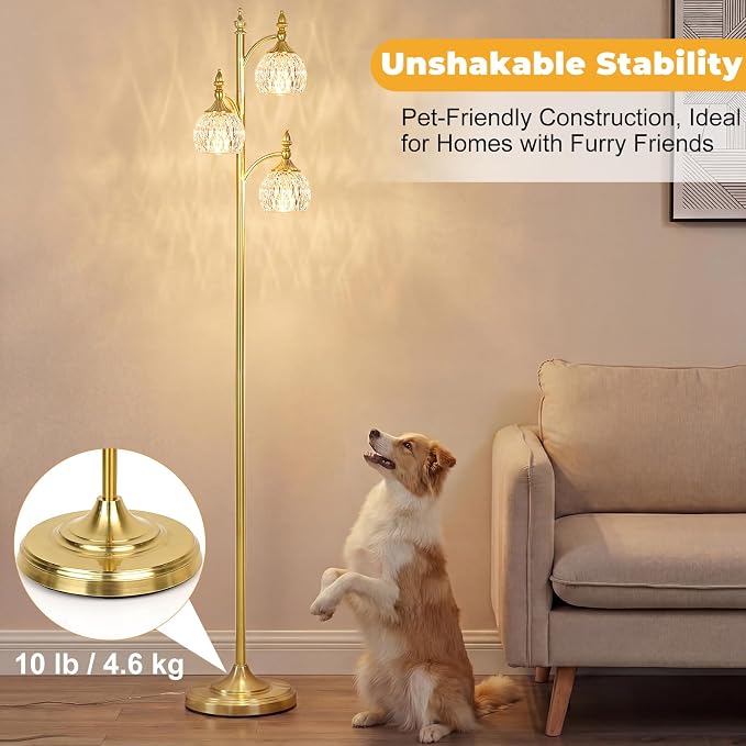 JUNNAI Gold Floor Lamp for Living Room 66.5in Brass Tall Standing Lamp with 3 Way Brightness Lights Glass Shades Modern Mid Century Gothic Corner Lamp for Bedroom Office