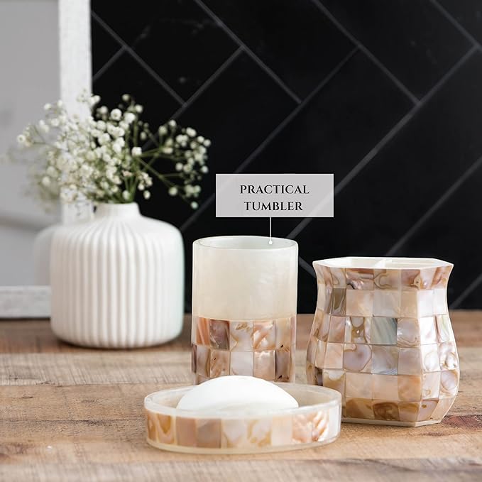 Milano Toothbrush Cup - Electric Toothbrush Holder for Bathroom fits Toothbrushes and Toothpaste - Bathroom Tumbler Cup Finished with Beautiful Mother of Pearl Shells
