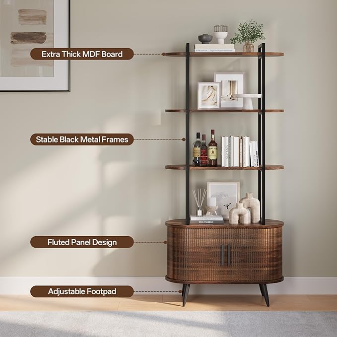 Airynee 69'' Tall Bookshelf, 4-Tier Fluted Bookshelf, Storage Cabinet with Sliding Tambour Doors, Modern Bookcase with Adjustable Footpad & Metal Frame, for Living Room Home Office, Walnut