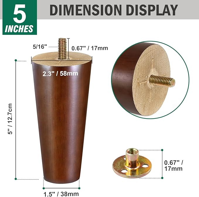 FoDau770 Brown Rubber Wood Furniture Legs 5 Inches, 5/16" UNC Straight Tapered Wood Feet Mid Century Sofa Legs, Wooden Furniture Feet Replacement Parts for Cabinet Couch Dresser Chair Ottoman Table