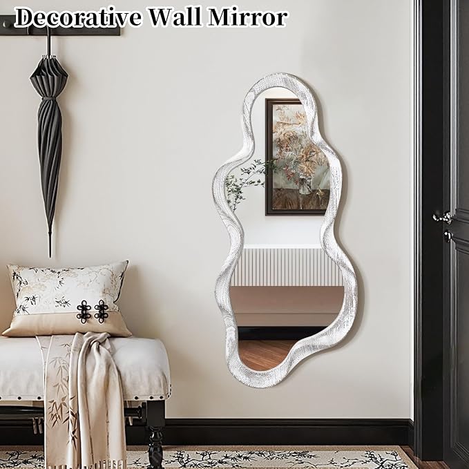 Asymmetrical Mirror Large Irregular Wall Mirror Modern Wood Frame Unique Artistic Mirrors Cute and Stylish Cloud Wavy Mirror Decorative for Cloakroom Bedroom Living Room Bathroom Entryway White