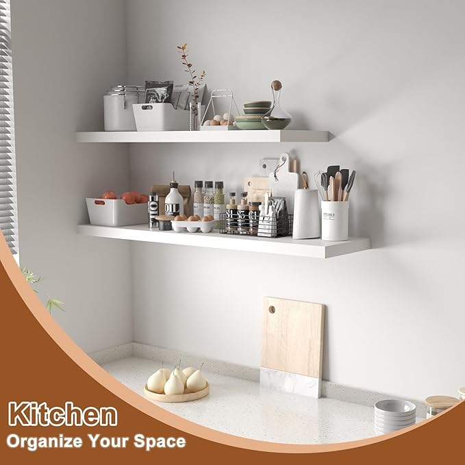 12 Inch Deep Floating Shelves, 24" W x 12" D Wood Floating Shelves for Wall, Large Storage Space Wall Mount Shelf with Invisible Brackets for Living Room Kitchen Bathroom, 1 Pack, White