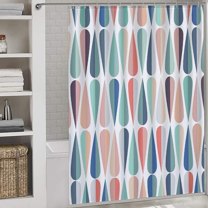 Mid Century Shower Curtain, Modern Abstract Geometric Pattern Vintage Retro 1950s 1960s Geo Pattern Art Pastel Waterproof Fabric Bathroom Shower Curtain Set with Hooks, 72"x84" Inch