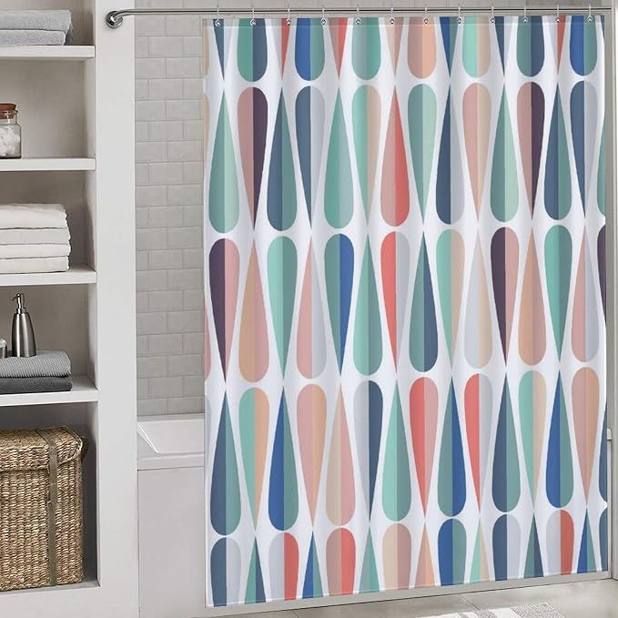 Mid Century Shower Curtain, Modern Abstract Geometric Pattern Vintage Retro 1950s 1960s Geo Pattern Art Pastel Waterproof Fabric Bathroom Shower Curtain Set with Hooks, 72"x84" Inch