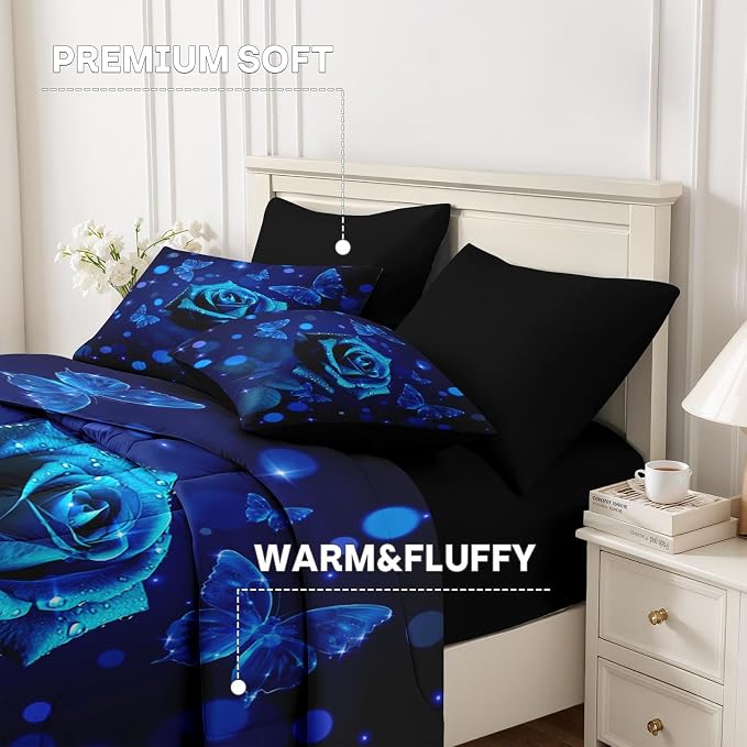 Nesker 7 Pcs Comforter Set King Size, Blue Rose Floral Flower Bedding Set for Kids and Adults, Romantic Valentine Bed Sheet Sets with Fitted Sheet 2 Pillowcases & 2 Shams